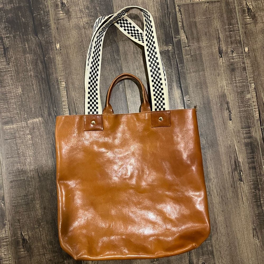 Clare V tote bag brown leather with checkerboard straps